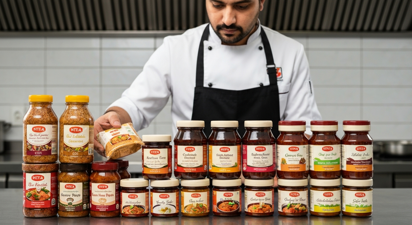 A professional kitchen chef inspecting a delivery of MITRA brand Indian food products, focusing on the quality and freshness of ingredients like gravies and spices, with clear labels and certifications visible.