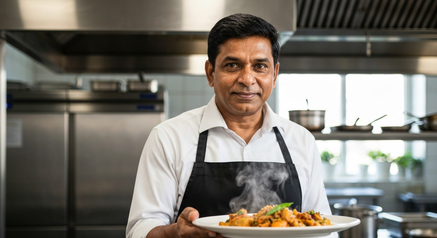 A professional chef preparing an Indian dish using a high-quality, pre-made MITRA gravy in a modern commercial kitchen, illustrating efficiency and consistency.