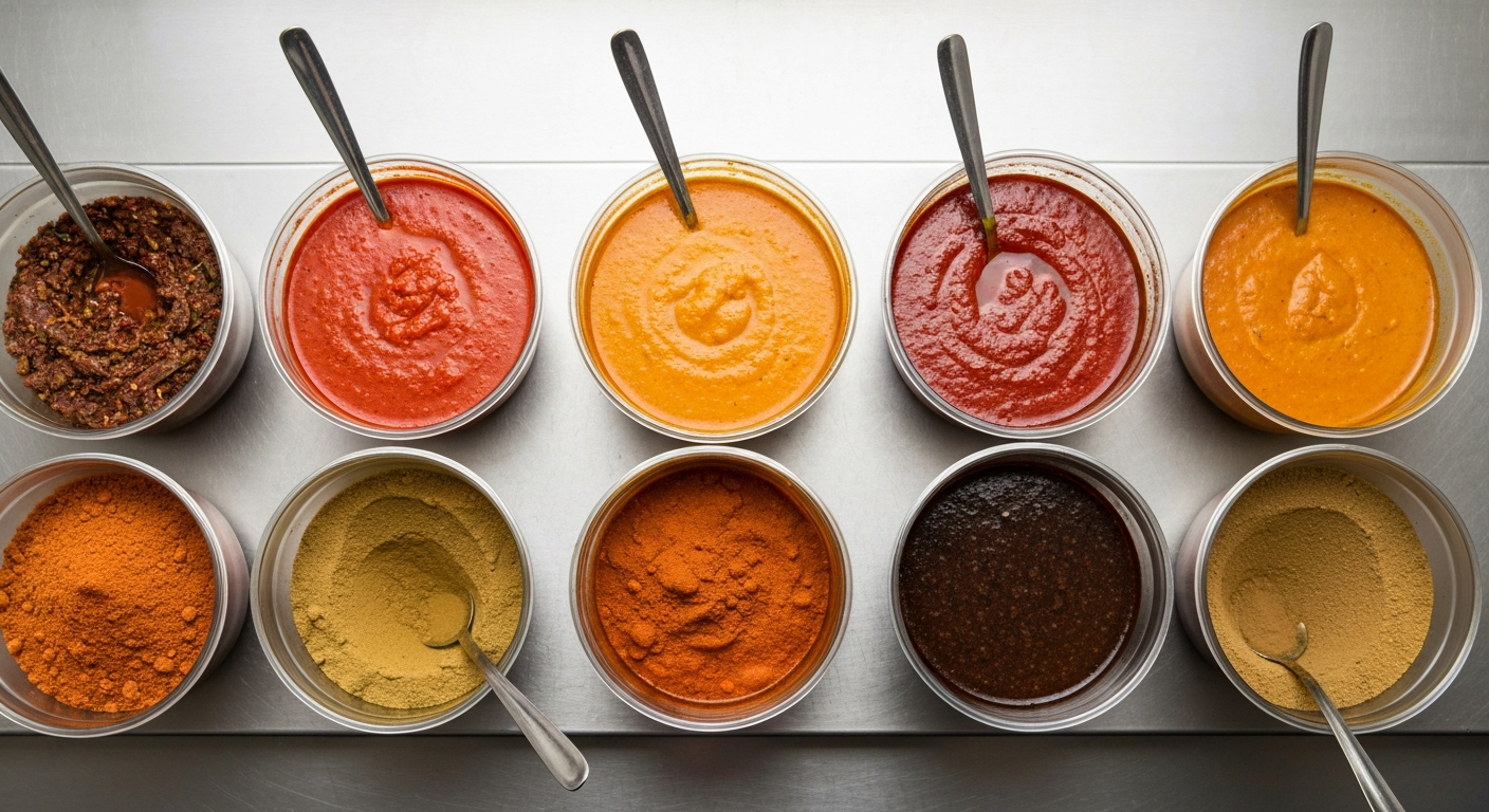 Variety of MITRA brand Indian gravies and spices in bulk foodservice packaging on a professional kitchen shelf.