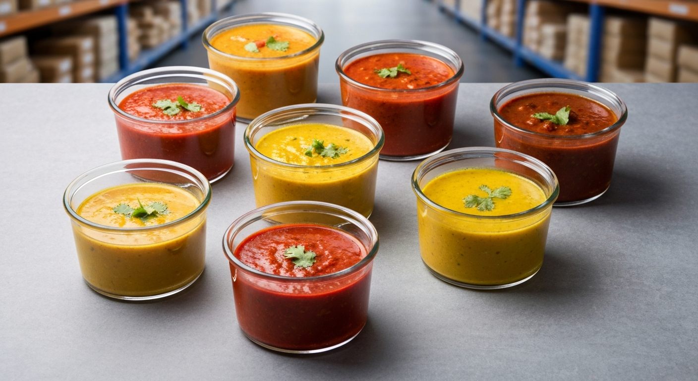 Assortment of MITRA brand Indian gravies in clear containers, highlighting supply chain transparency in a professional warehouse setting.