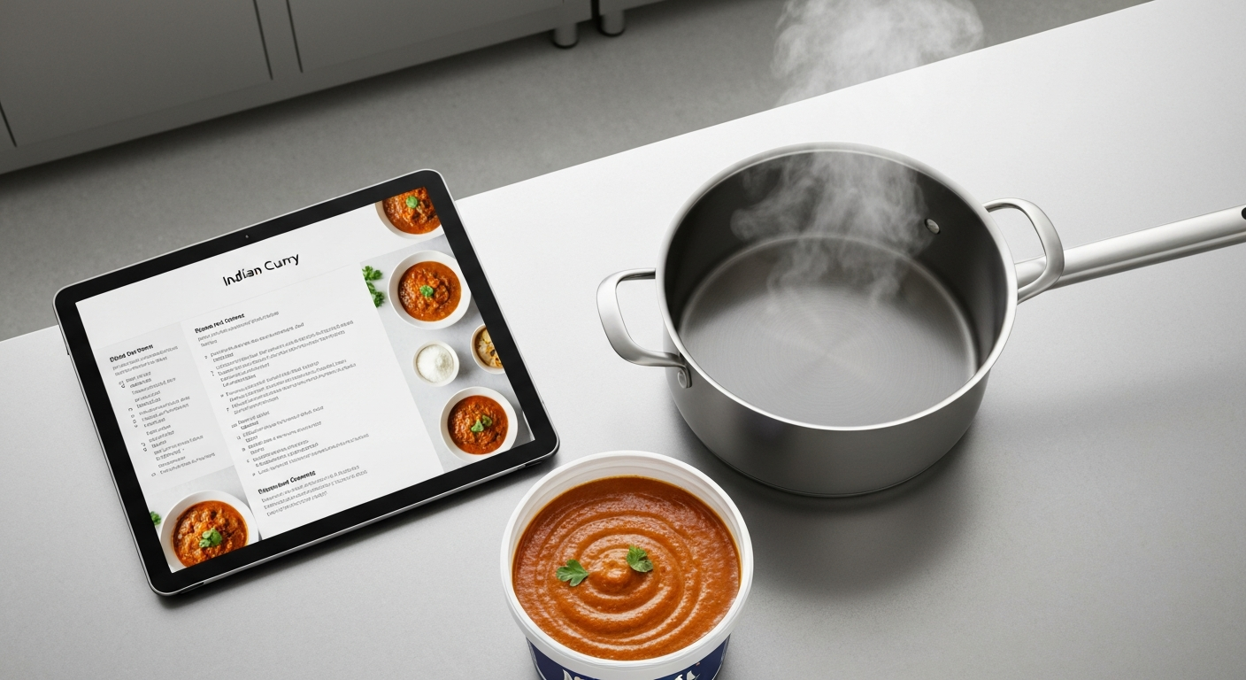 A sleek, modern ghost kitchen counter with a tablet displaying a digital recipe for an Indian curry, alongside professional stainless steel equipment and a container of MITRA's ready-to-use Indian gravy.