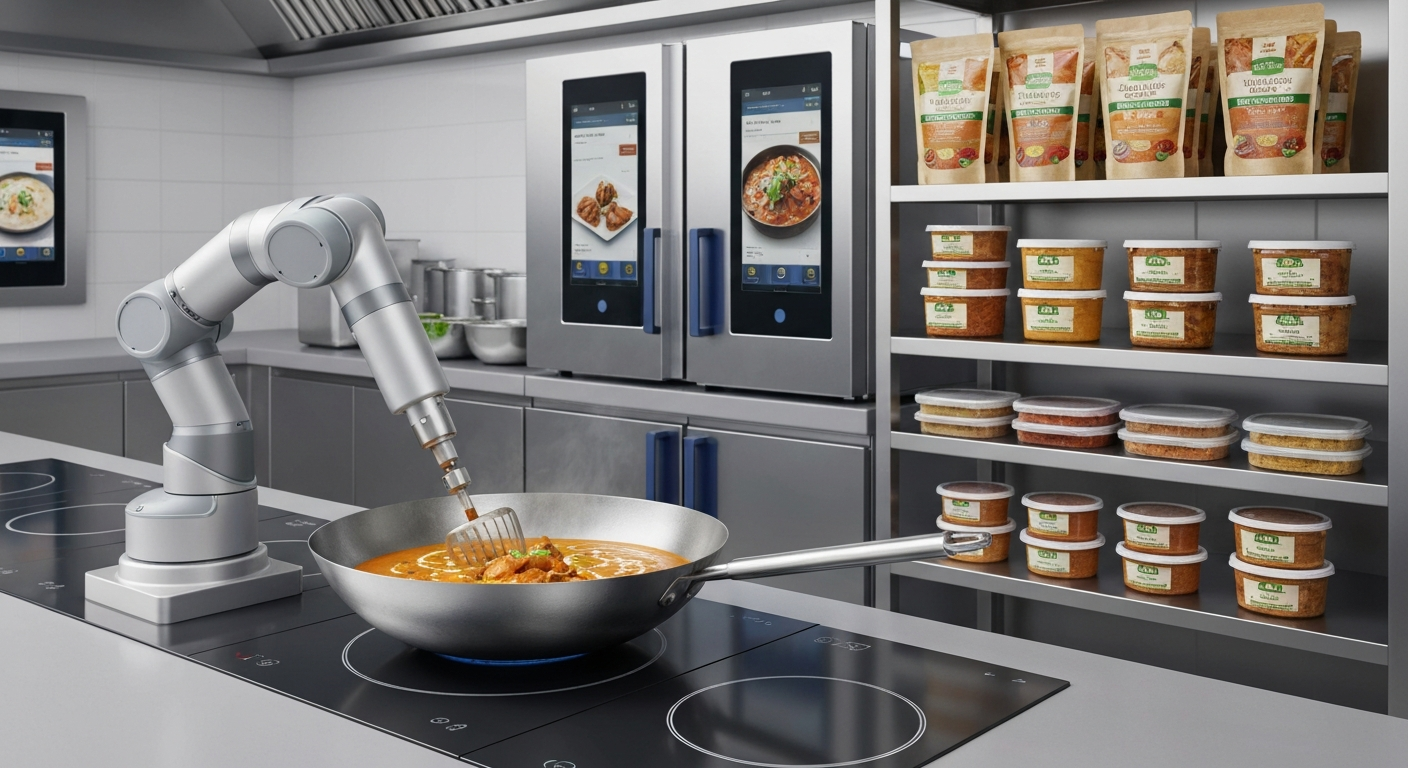 A modern, automated ghost kitchen setup with robotic arms preparing an Indian curry in a large wok, surrounded by neatly stacked containers of pre-prepped MITRA Indian gravies and spices.