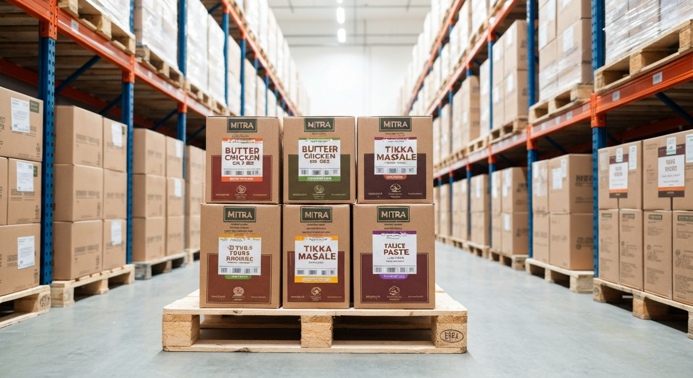 A meticulously organized, brightly lit warehouse aisle with pallets of neatly stacked, branded food supply boxes. In the foreground, a pallet contains boxes clearly labeled with 'MITRA' and 'Butter Chicken Gravy Base'.